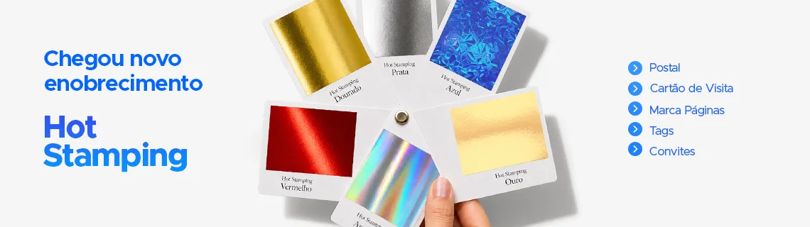 Chegou novo enobrecimento: hot stamping para postal, cartão de visita, marca-páginas, tags e convites