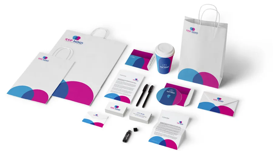 Kit de papelaria corporativa personalizada: cartão de visita, papel timbrado, envelope, pasta, sacola e brindes